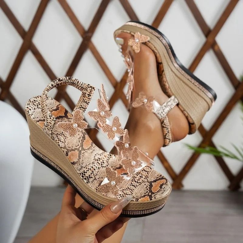 Rhinestone Butterfly Platform Sandals with Elastic Band