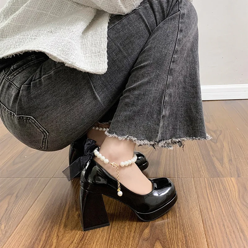 Elegant Bow Square Toe Women Mary Jane Shoes, Luxury Women High Heels Pearl Lace Party Wedding Style