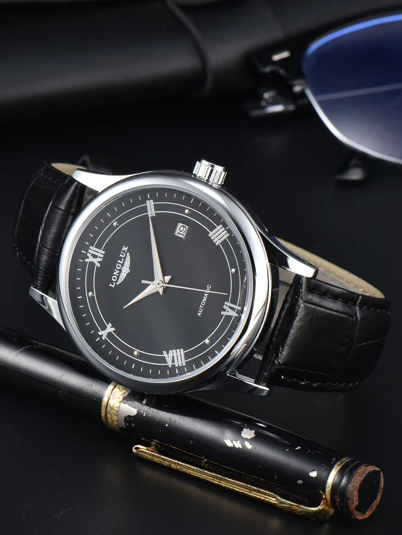 LONGLUX Automatic Mechanical Men's Watch Classic Leather Strap Watch with Date Display