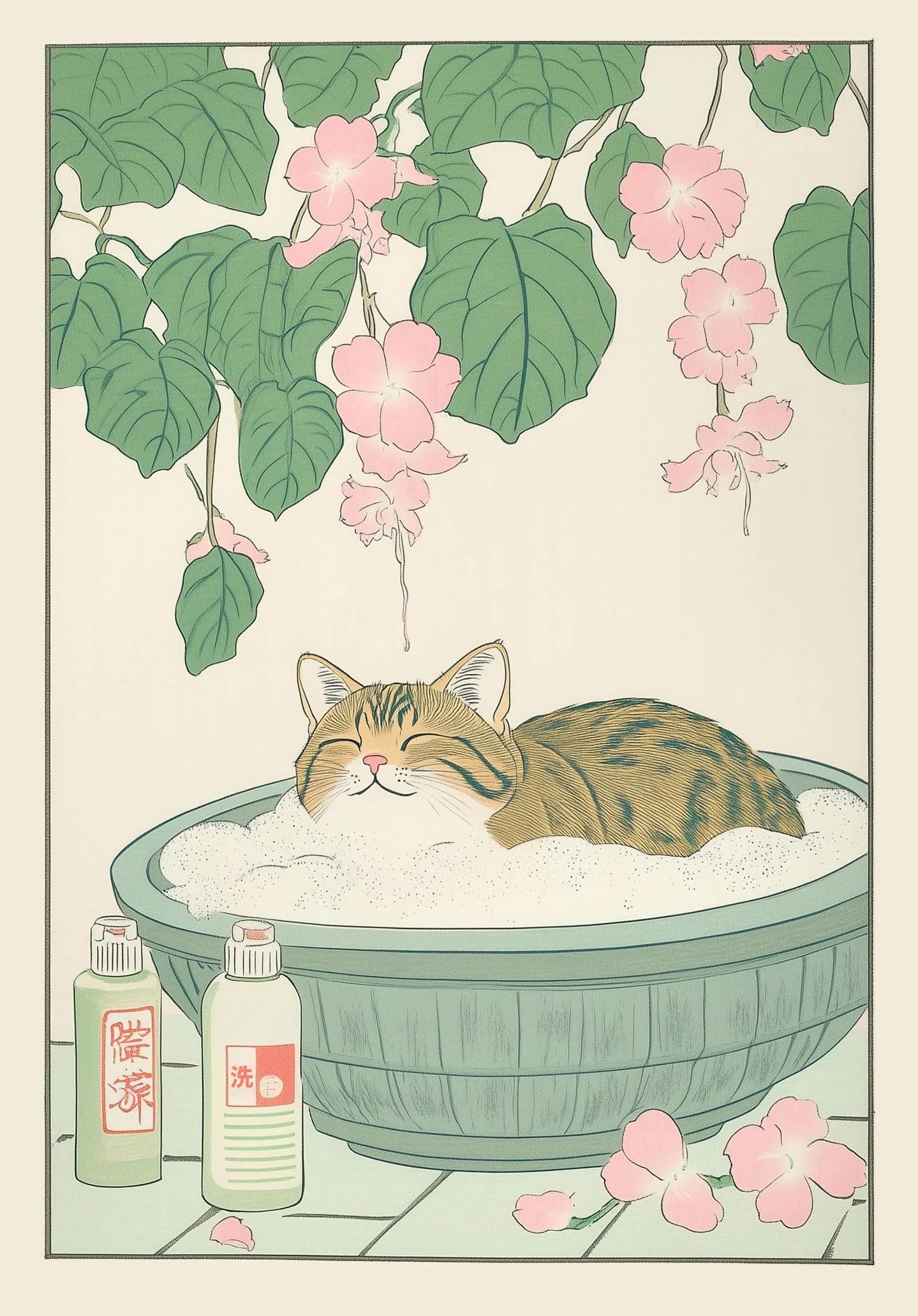 Japanese Tabby Cat in Bathtub | Retro Aesthetic Japandi Canvas Art