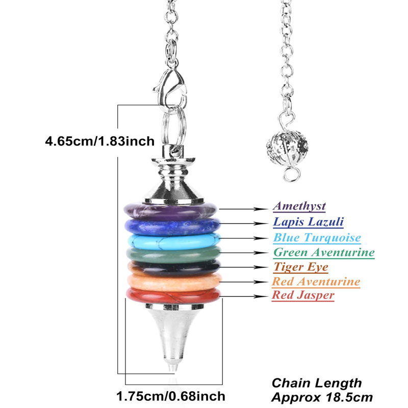 Healing 7 Chakra Pendulum, Real Natural Stone Crystals for Dowsing, Divination, and Wicca Practices, Quartz Pendulo