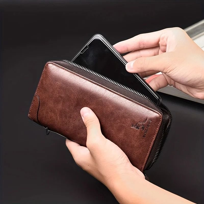 Mens Long Zipper Wallet with RFID Blocking and PU Leather Design