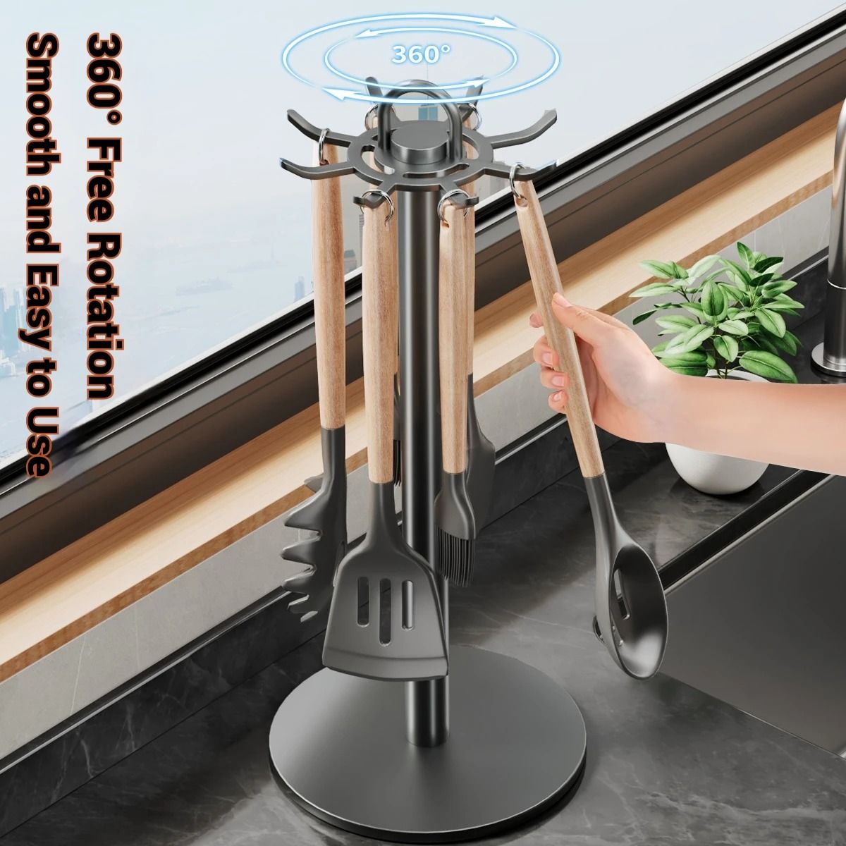 Rotating Kitchen Utensil Stand – 8-Hook Storage Hanger for Countertop Organization