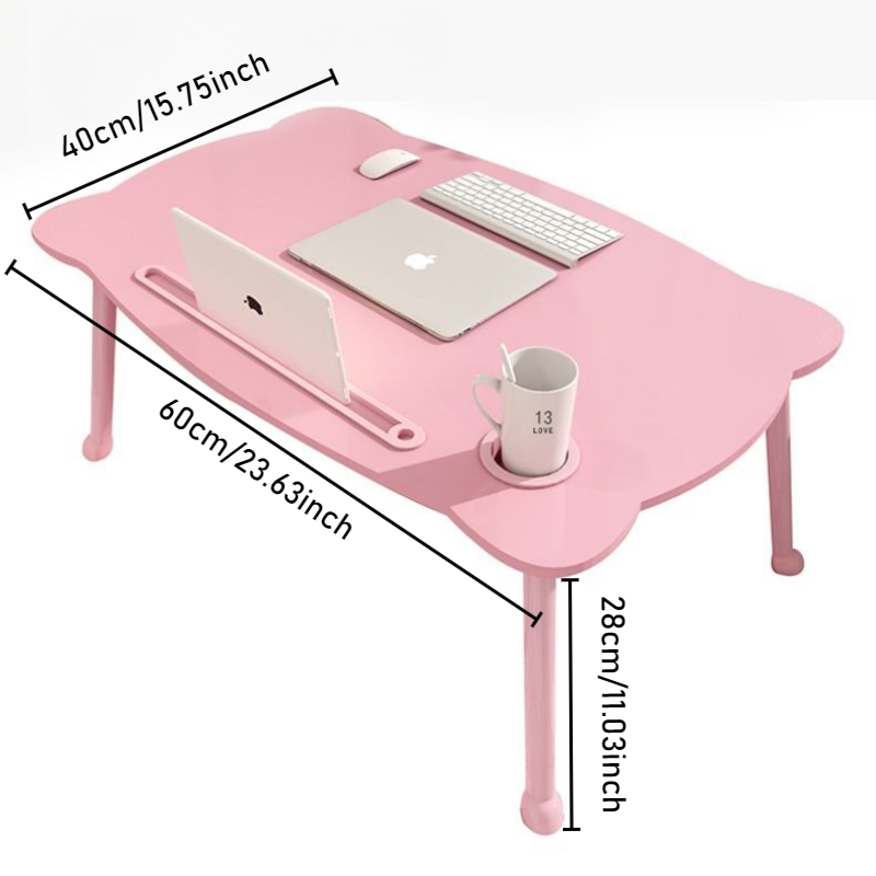 Cute Bear Bed Desk with Cup Holder, Foldable Laptop Table, Waterproof Anti-slip Tatami Table for Dormitory Student