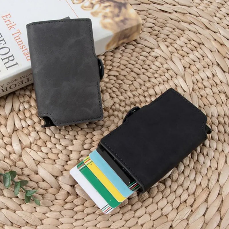 Split Leather Slim Card Holder Wallet with RFID Blocking & Money Clip Minimalist Pop Up Credit Card Holder for Men