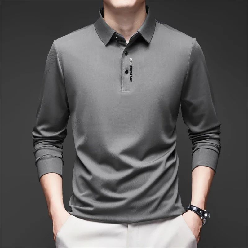 Men's Solid Polo Shirt – Long Sleeve Business Casual Polo with Badge, Anti-Wrinkle Breathable Shirt
