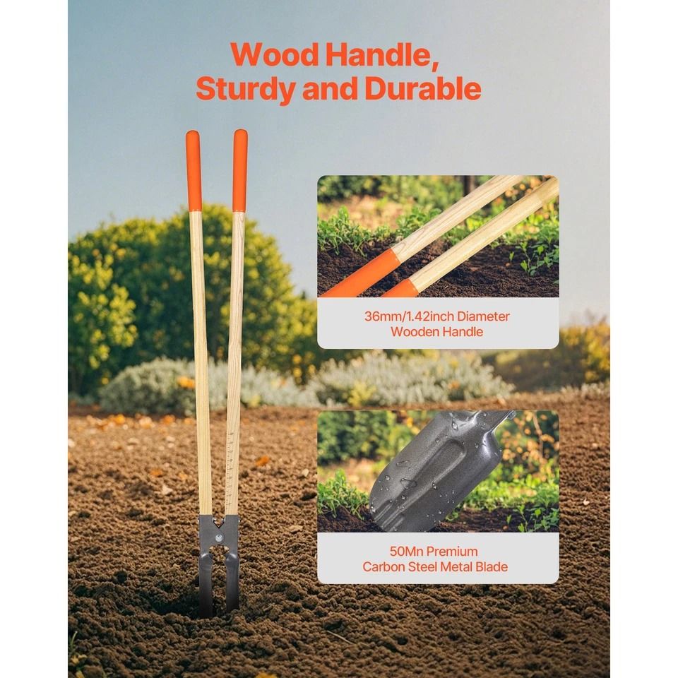 Heavy-Duty Post Hole Digger with Wood Handle and Scale Markings Manual Tool for Accurate Hole Digging
