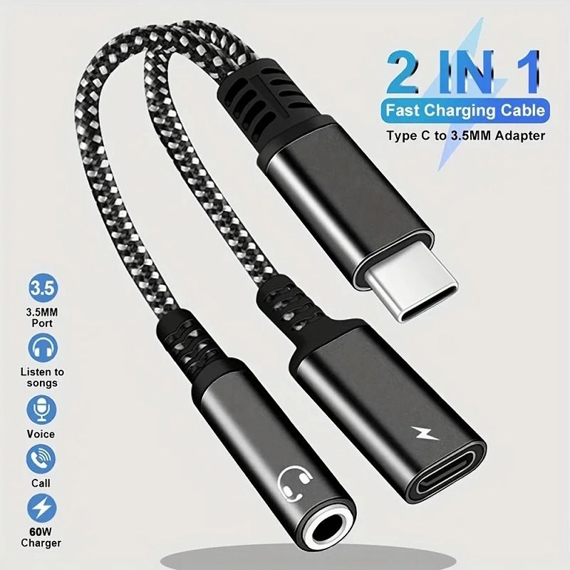 USB C to 3.5mm Adapter with Charging PD 60W Audio Splitter Cable