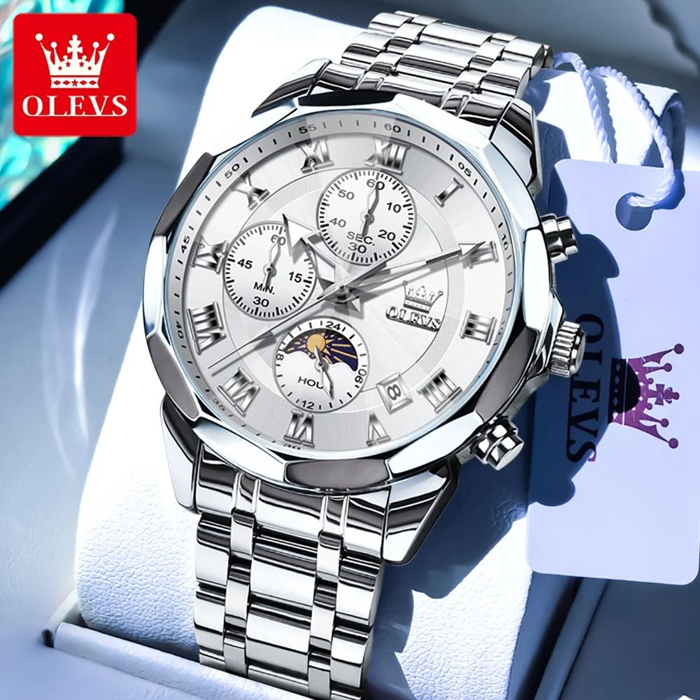 Olevs 3675 Mens Multifunction Chronograph Quartz Watch Moon Phase Design