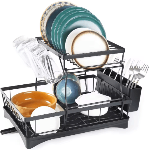 2 Tier Stainless Steel Dish Drying Rack Large Countertop Organizer with Drainer & Cutlery Holder