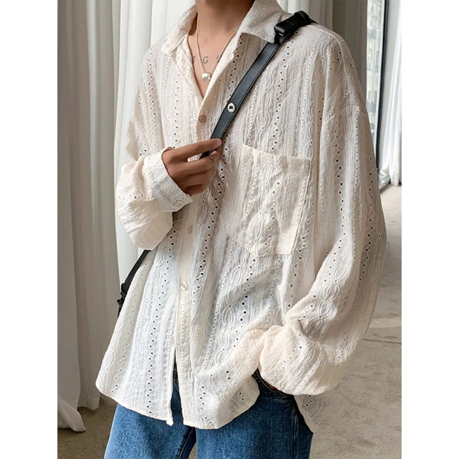 Men's Luxury Niche Shirt, Hollow Design Tweed Jacket, Trendy Loose Fit Long Sleeve Casual Vest