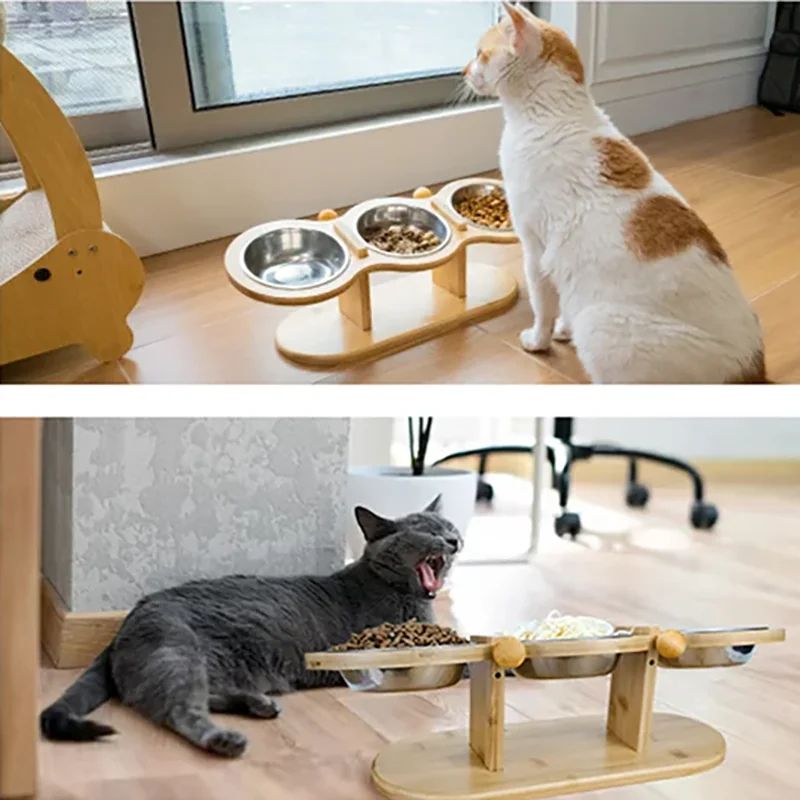 Adjustable Wooden Pet Bowl Stand Set