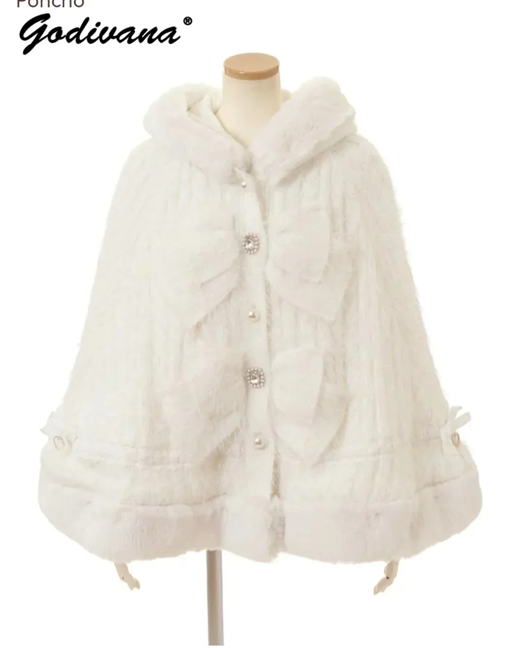 Japanese Sweet Soft Thick Women's Double-Layer Big Ribbon Hooded Knitted Cloak, Cozy Autumn & Winter Ponchos with Hood