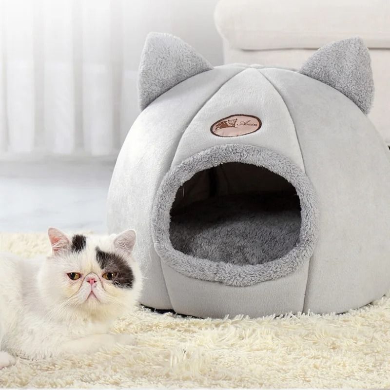 Warm Winter Cat Cave Bed with Removable Cushion