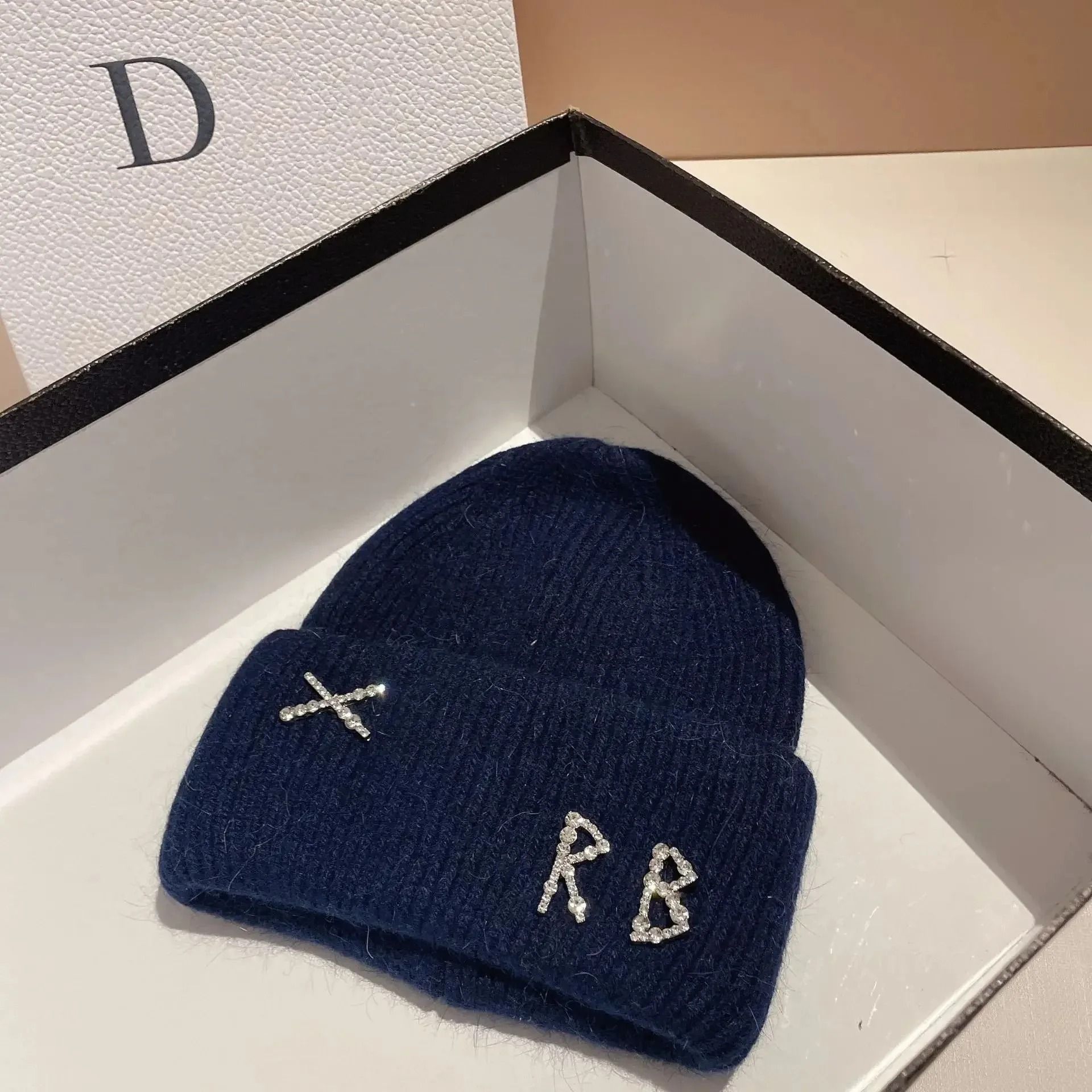Diamond-Embellished Rabbit Fur Blend Thermal Beanie