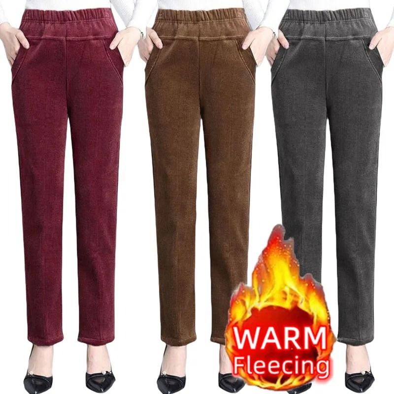 Womens High Waist Fleece Pants Elegant Corduroy Leggings Warm Winter Pencil Trousers