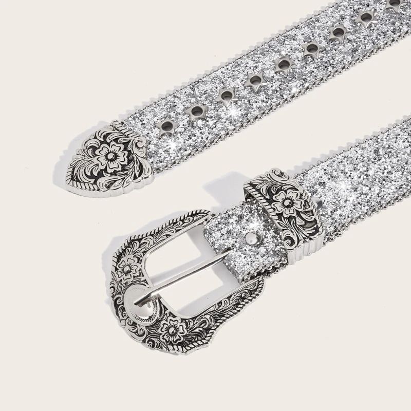 Glitter Sequined Waist Belt with Sparkling Buckle