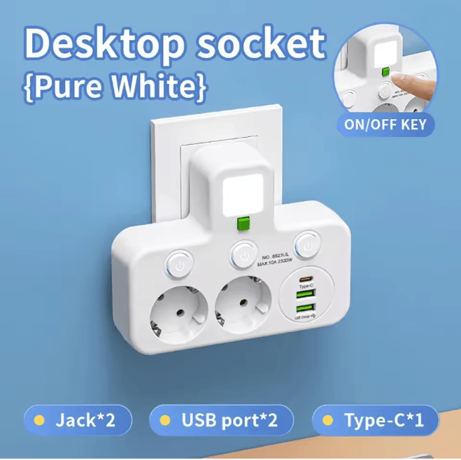 EU Multi Socket Wall Plug Adapter Four Way Power Socket Space Saving Design