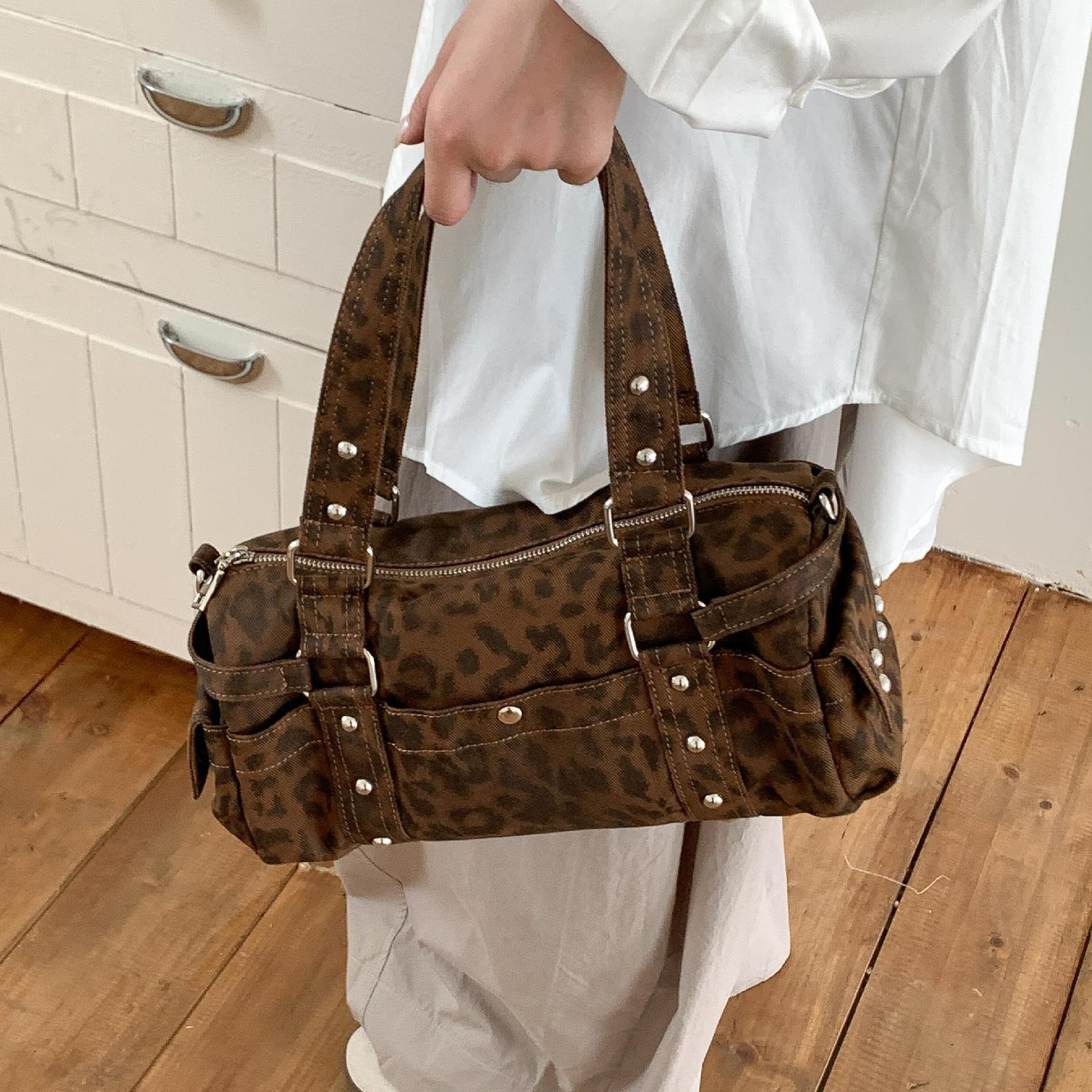 Vintage Leopard Rivet Motorcycle Shoulder Bag Stylish Ladies Tote