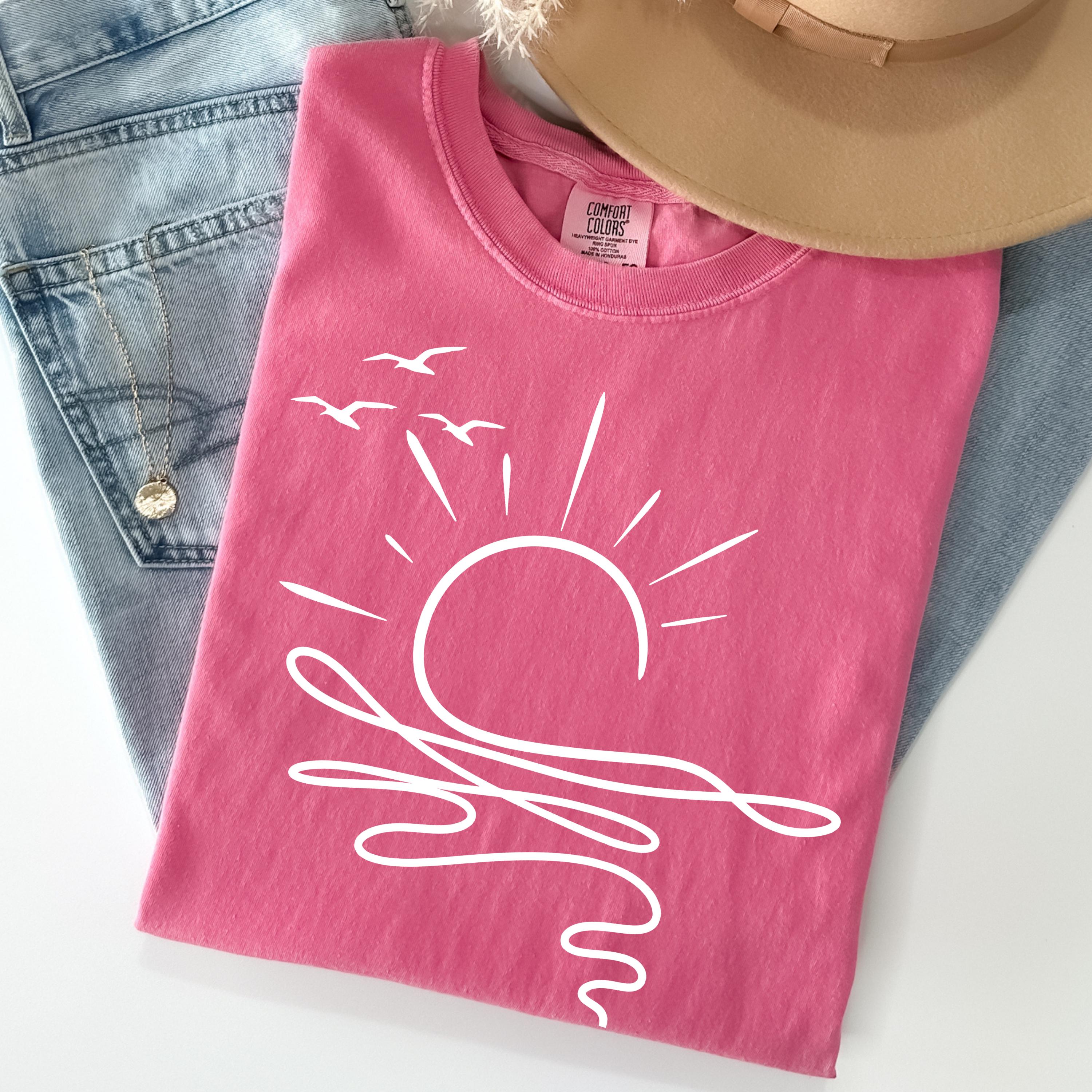 Sun Ocean Shirt - Linear Graphic Boho Summer T Shirt - Trendy Beach Tee - Cute Minimalist Summer Tee