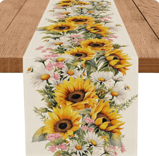 Sunflower Daisy Linen Table Runner Colorful Farmhouse Floral Decor for Spring & Summer