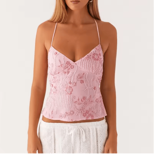 Y2K Sequin Halter Crop Top with Pearl & Rhinestone Detail – Summer Party Cami