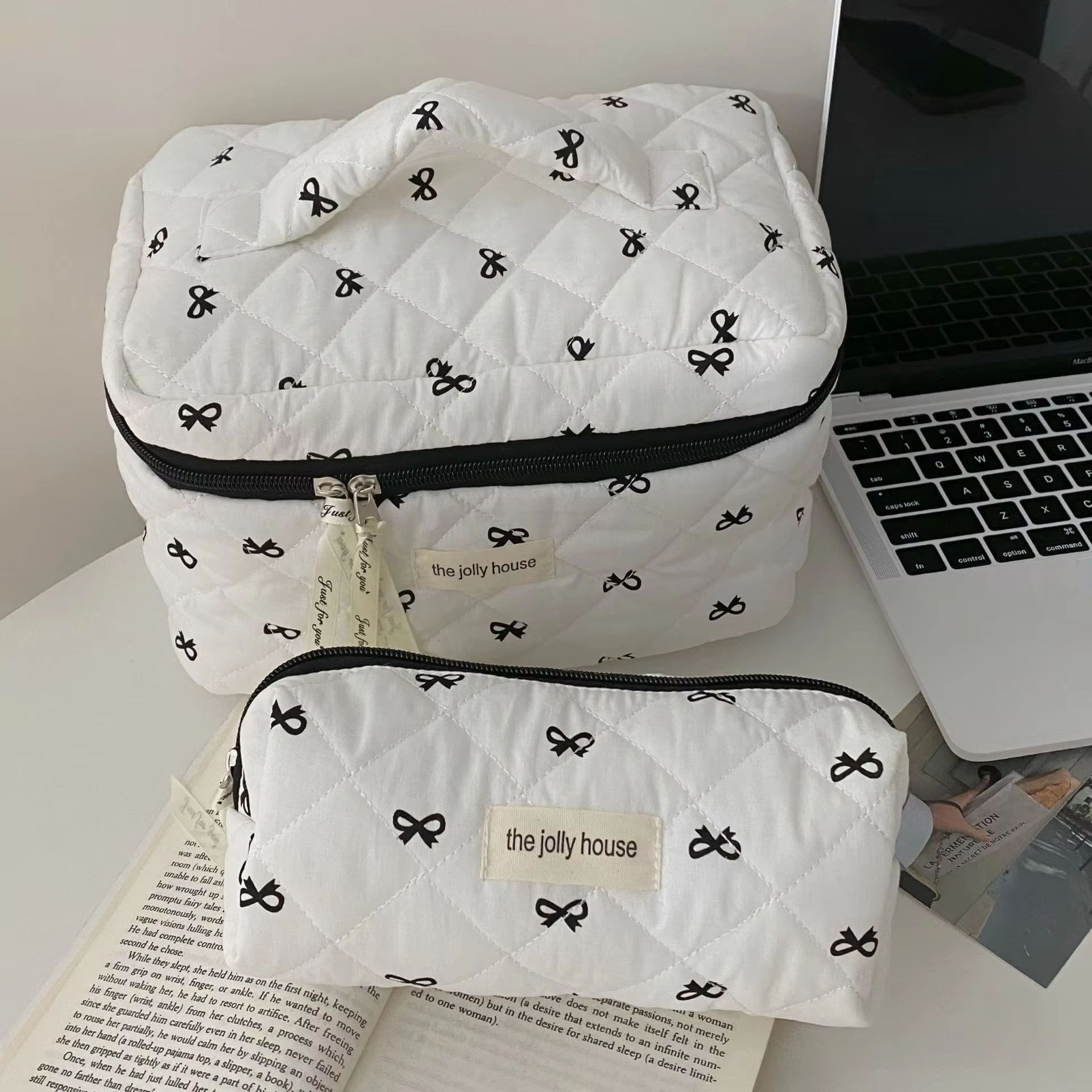 Fashion Cherry Quilted Cotton Makeup Bag Portable Cosmetic Tote for Women