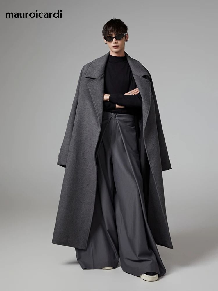 Executive Oversized Extra Long Gray Wool Blend Overcoat