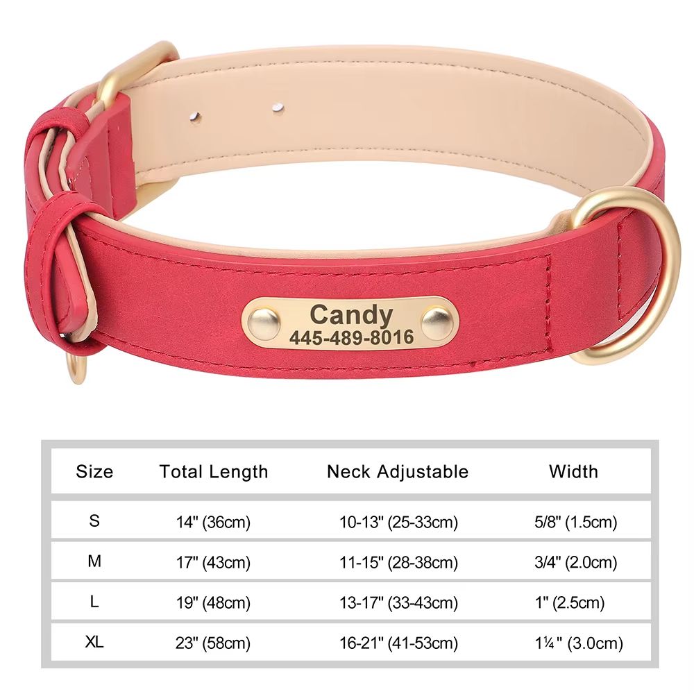Custom Engraved PU Leather Dog Collar with Personalized ID Nameplate