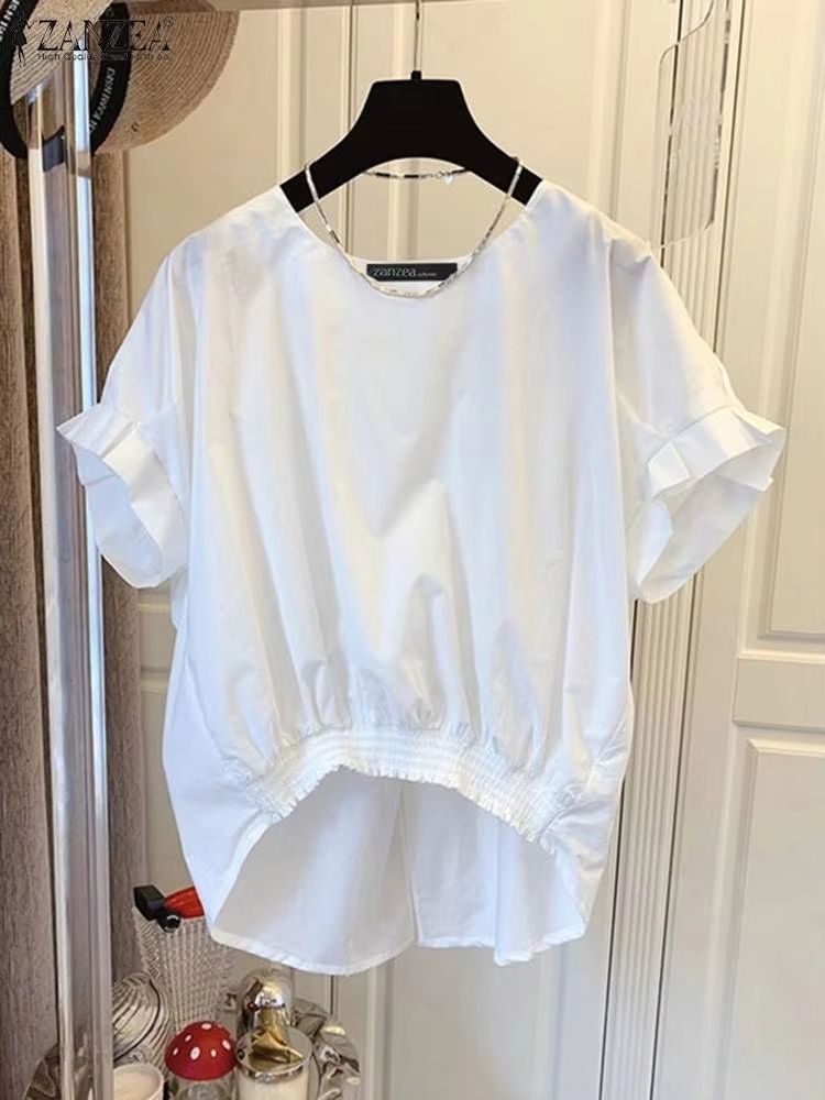 ZANZEA Women's Summer Shirred Hem Short Sleeve Blouse with Slit Back
