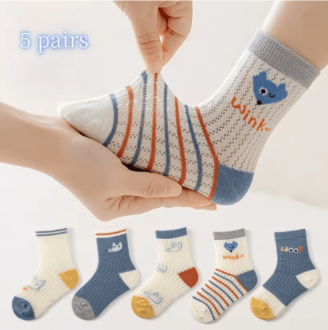 BreezeStep Summer Cotton Kids Socks 5 Pair Cartoon Mesh Set