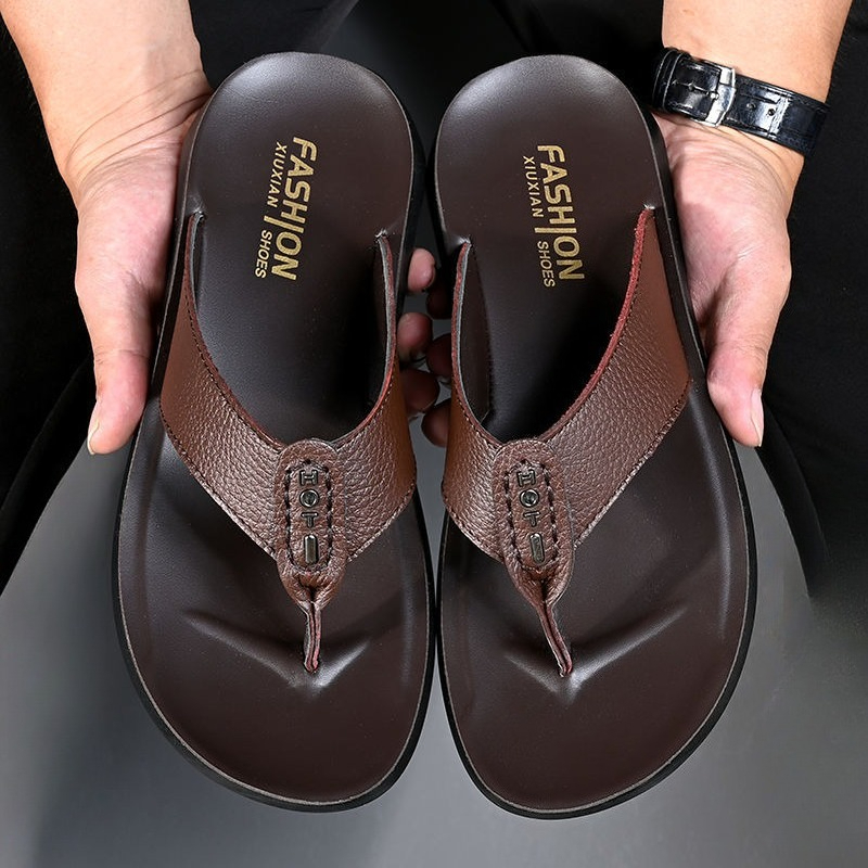 High Quality Genuine Leather Men Slippers, Hot Sale Summer Beach Sandals, Casual Men Shoes, Soft Soled Flip Flops