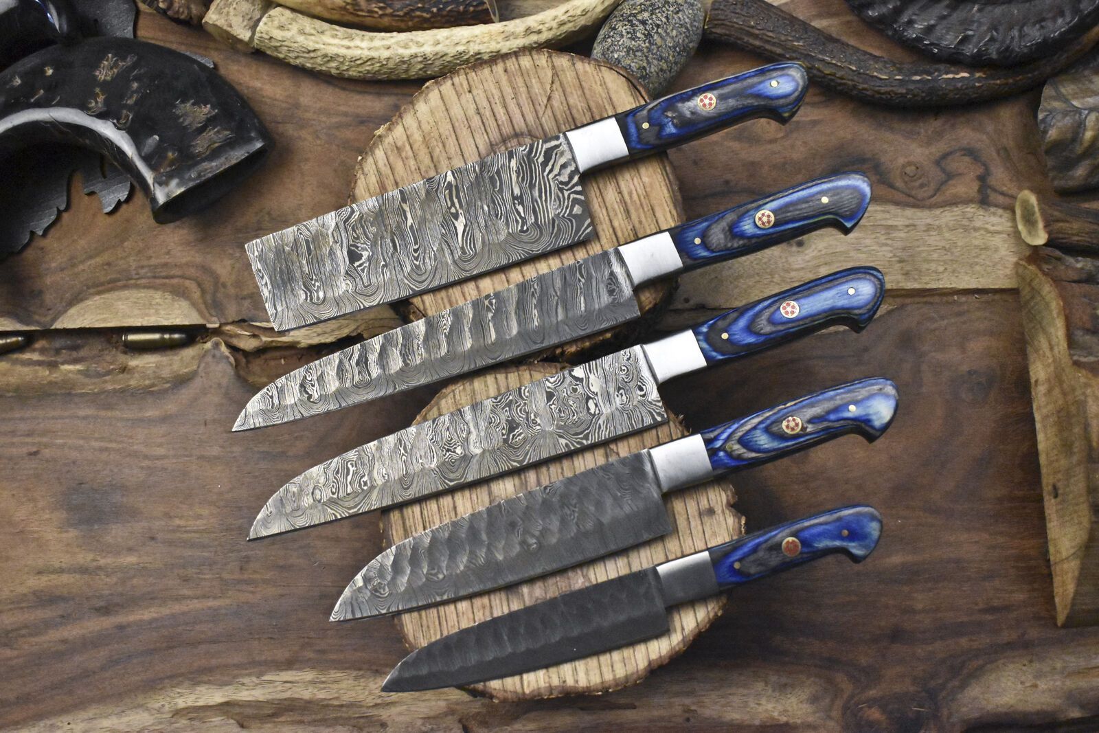 Professional Twist Damascus Chef Knives | 5-Piece Forged Hardwood Bundle