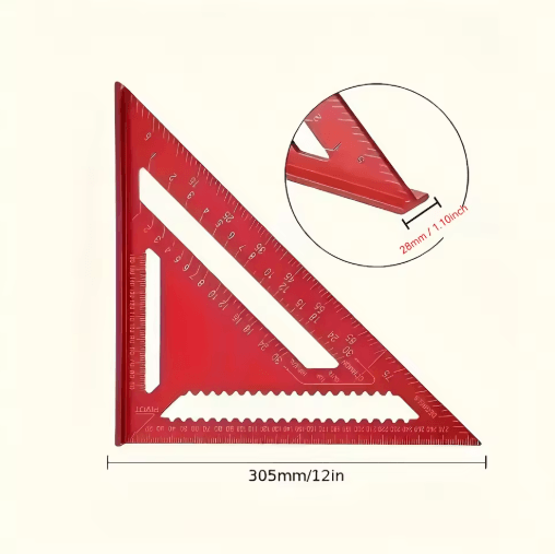 12 Inch Precision Triangle Ruler Red Aluminum Alloy Angle Finder with Metric Scalemea