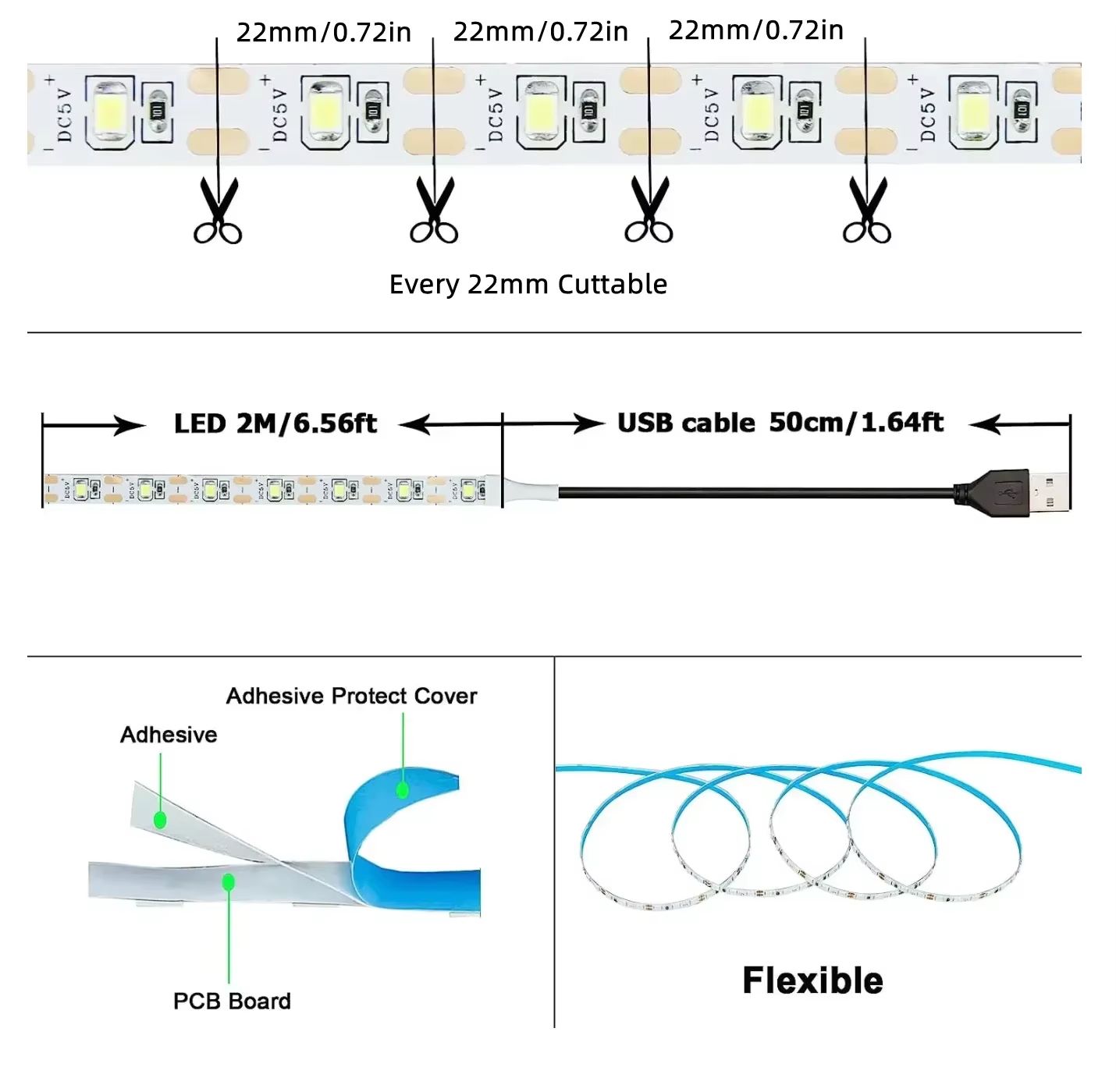 GlowFlex USB LED Strip Lights – 2835 White and Warm White Lighting Tape for Home and TV Backlight