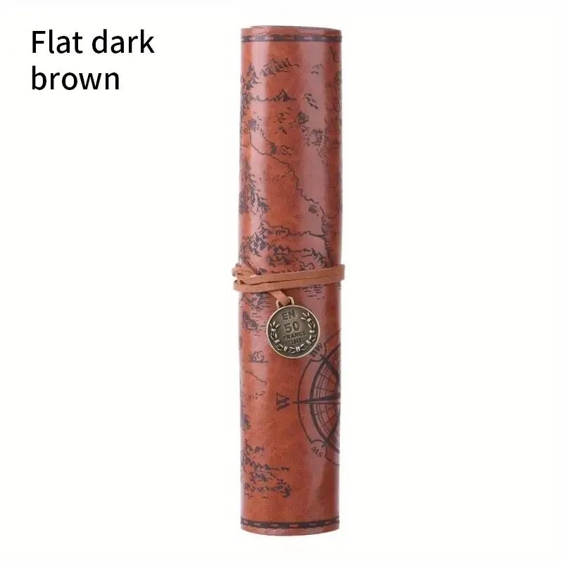Creative Treasure Map Retro Pencil Case Leather Large Capacity Roll Pencil Bag with Embossed Buckle, Simple Stationery