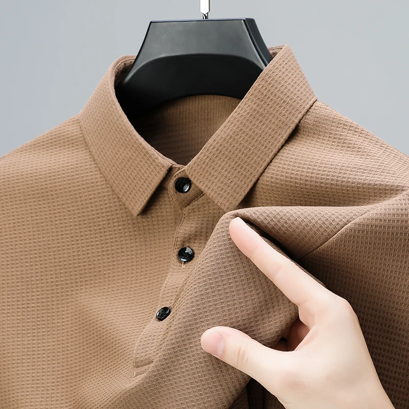 Fashion Solid Color Polo Shirt for Men New Casual Waffle Short Sleeve Top