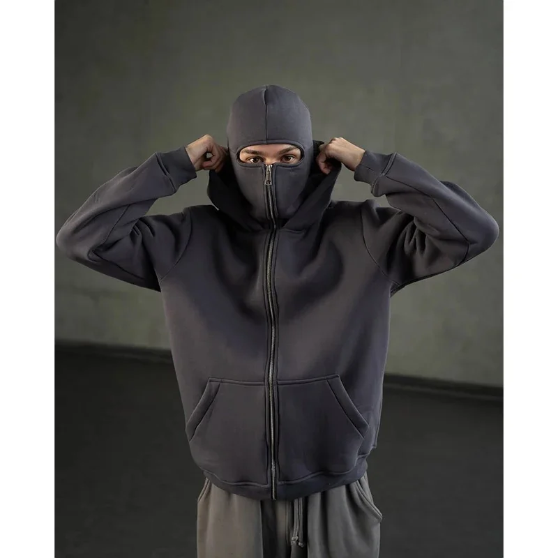 Men Balaclava Hoodie Double Hooded Sweatshirt with Zipper Mask for Gothic Streetwear