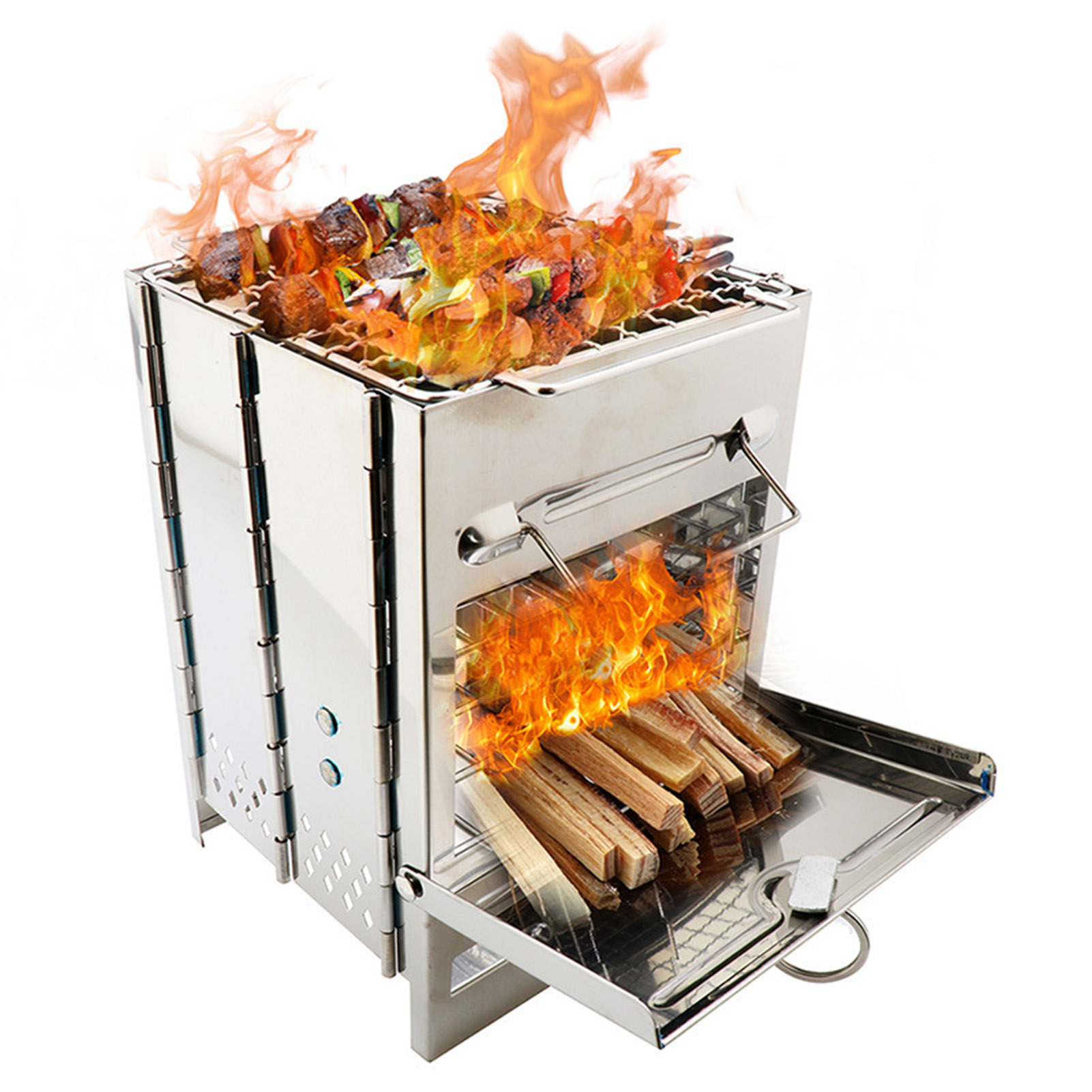Portable Stainless Steel Wood Stove with Mini Charcoal Grill for Camping