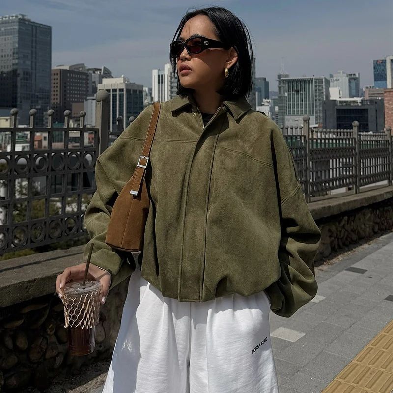 HXAO Cropped Suede Bomber Jacket Women Lapel Zipper Racing Coat