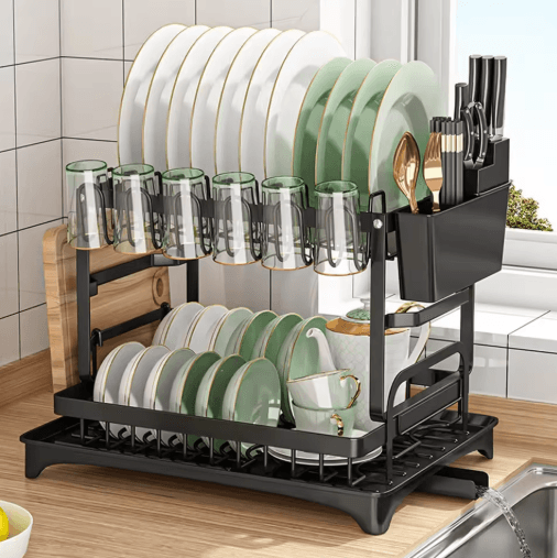 2 Tier Stainless Steel Dish Drying Rack with Drainboard Kitchen Counter Organizer Set