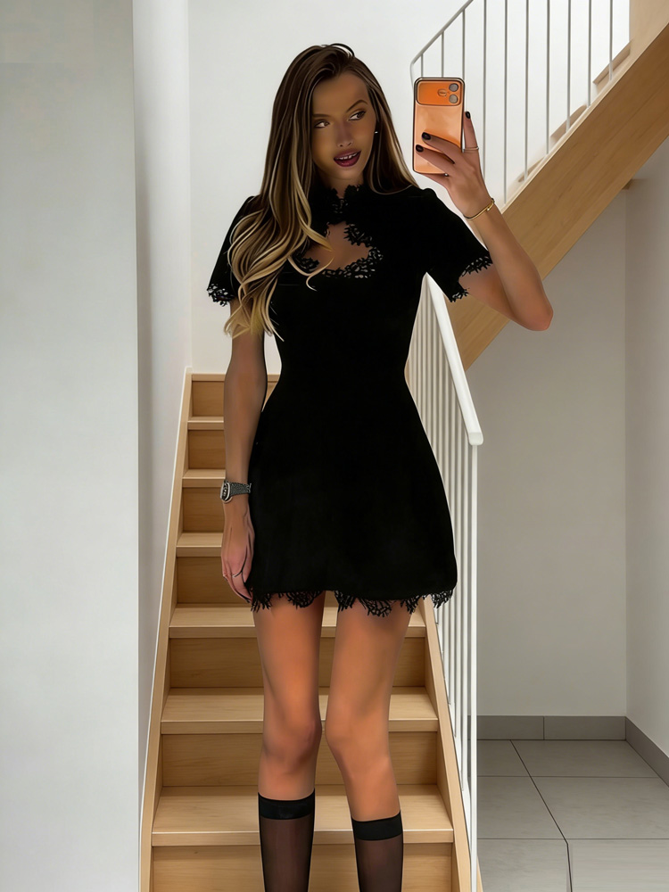 Black Lace Hollow Out Mini Dress, Tossy Patchwork Short Sleeve, Sexy High Waist Women's Casual Party Dress