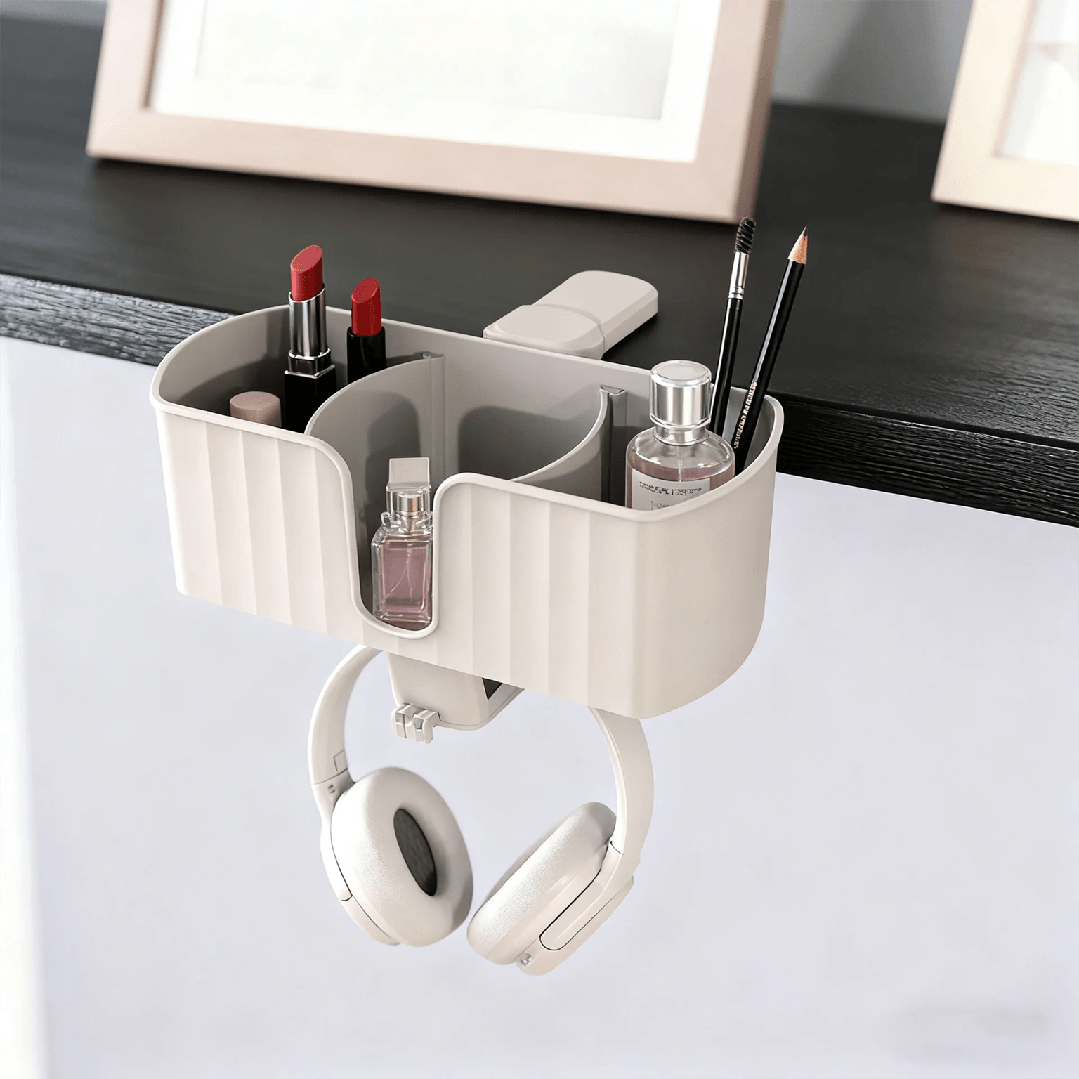 4 in 1 Under Desk Headphone Hanger Clamp with Cup Holder and Pen Storage