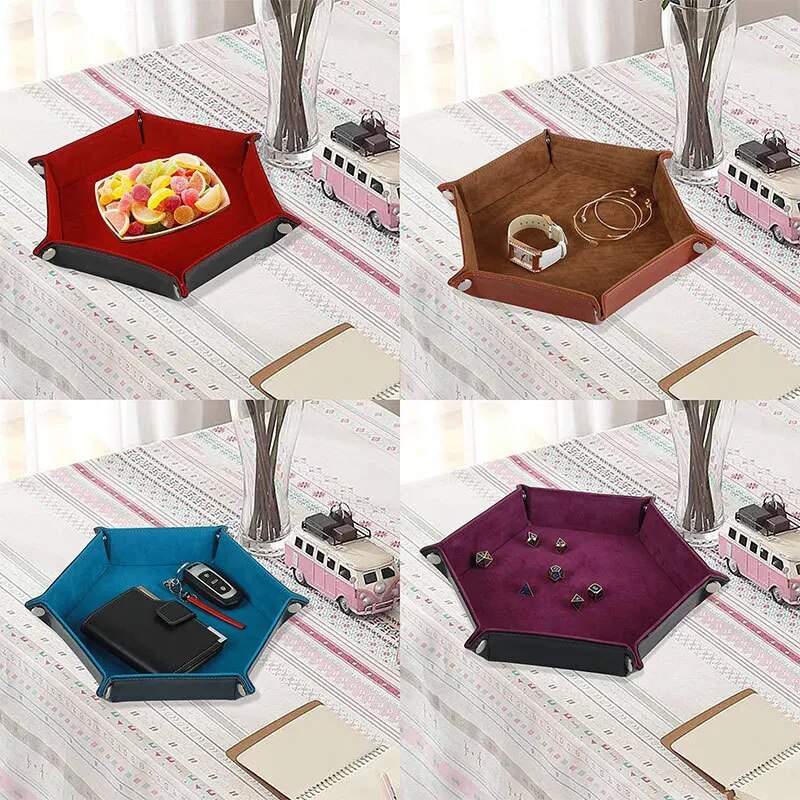 Hexagonal Leather Dice Tray with Storage Box – PU Velvet Board Game Accessories