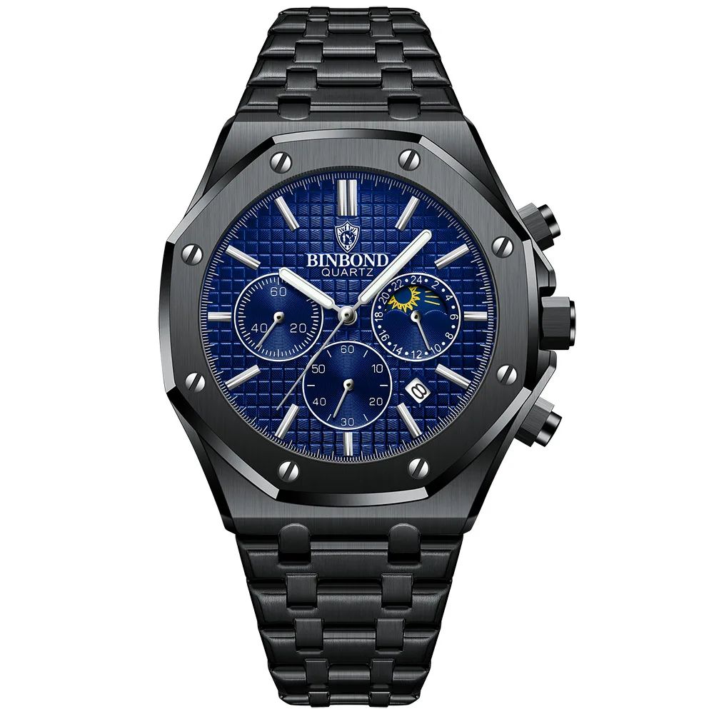 BINBOND B0161 Luxury Stainless Steel Men's Quartz Watch with Luminous Date & Chronograph