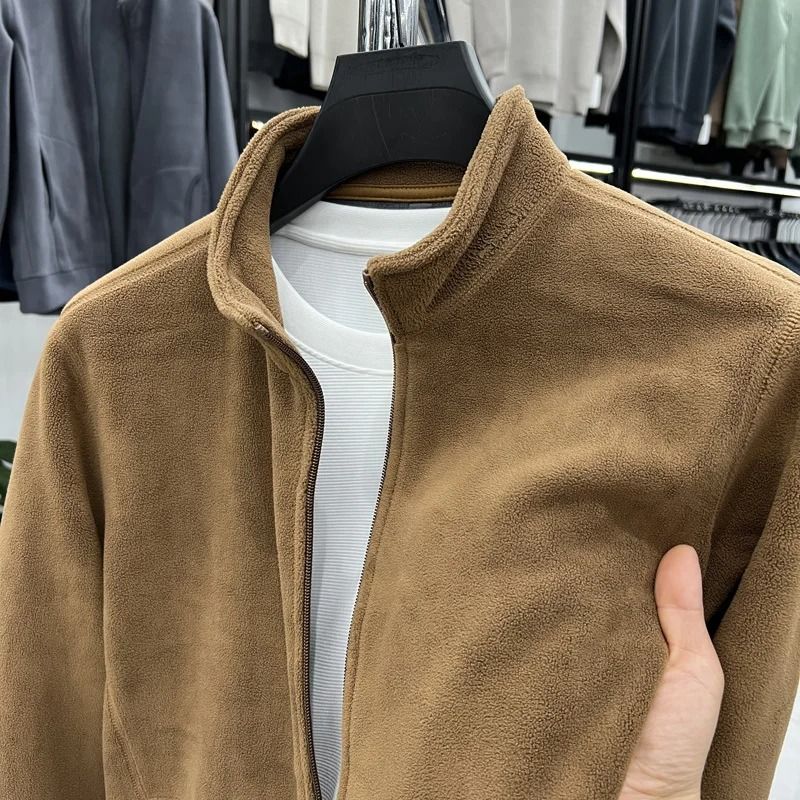 Mens Double Sided Fleece Hoodie Jacket with Stand Collar
