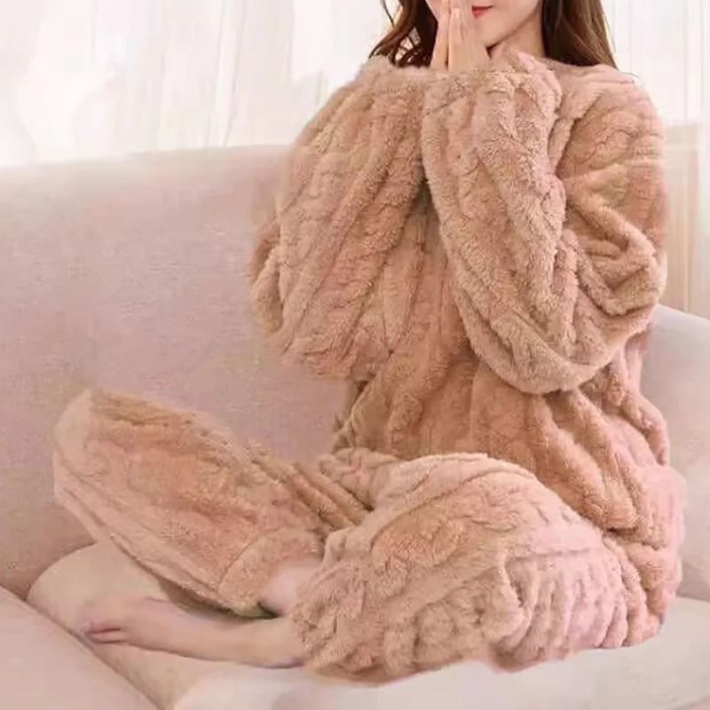Womens Winter Pajama Set Long Sleeve Top And Elastic Waist Pants