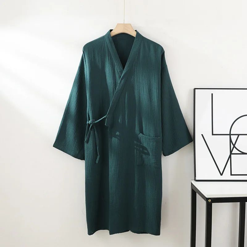 Unisex Cotton Kimono Robe Lightweight Couple Bathrobe Tie Waist Home Lounge Sleepwear
