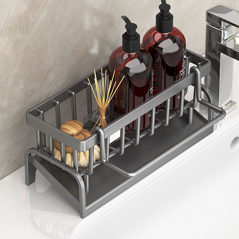 Kitchen Sink Organizer Rack with Drain Tray Sponge Holder and Cleaning Cloth Storage