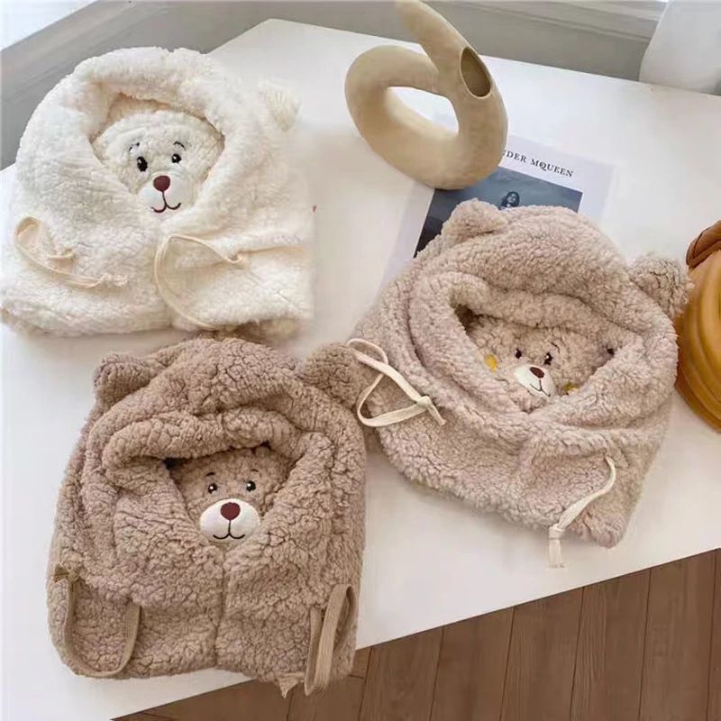 Plush Double Fleece Little Bear Winter Hat with Scarf for Kids